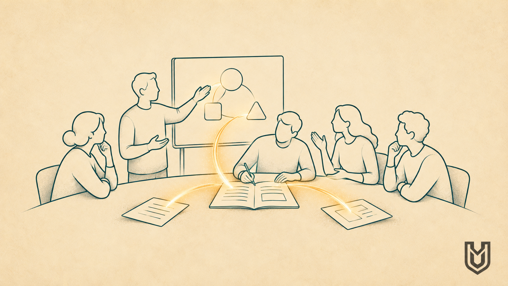 Illustration of five people discussing a presentation and revising a shared document, connected by a soft amber arc.